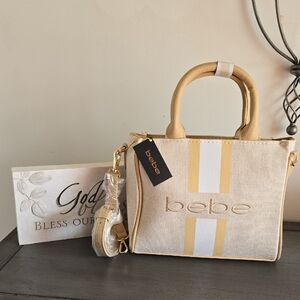 Bebe Beige & Gold Canvas Tote with Stripe Detail with Crossbody Straps